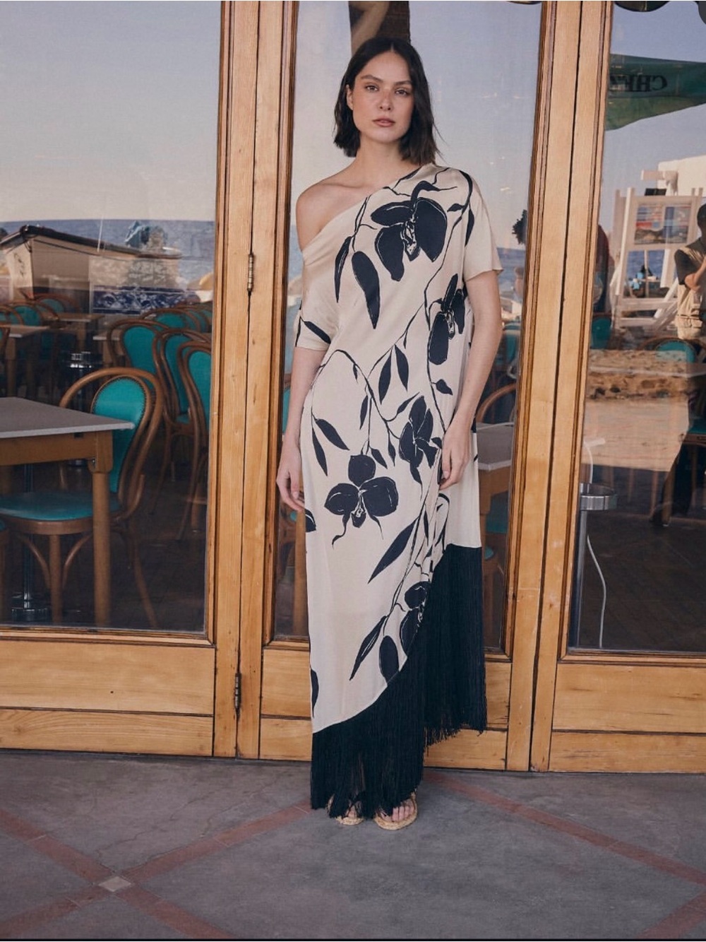 Fringe Dress  orchids in black natural silk Size xs